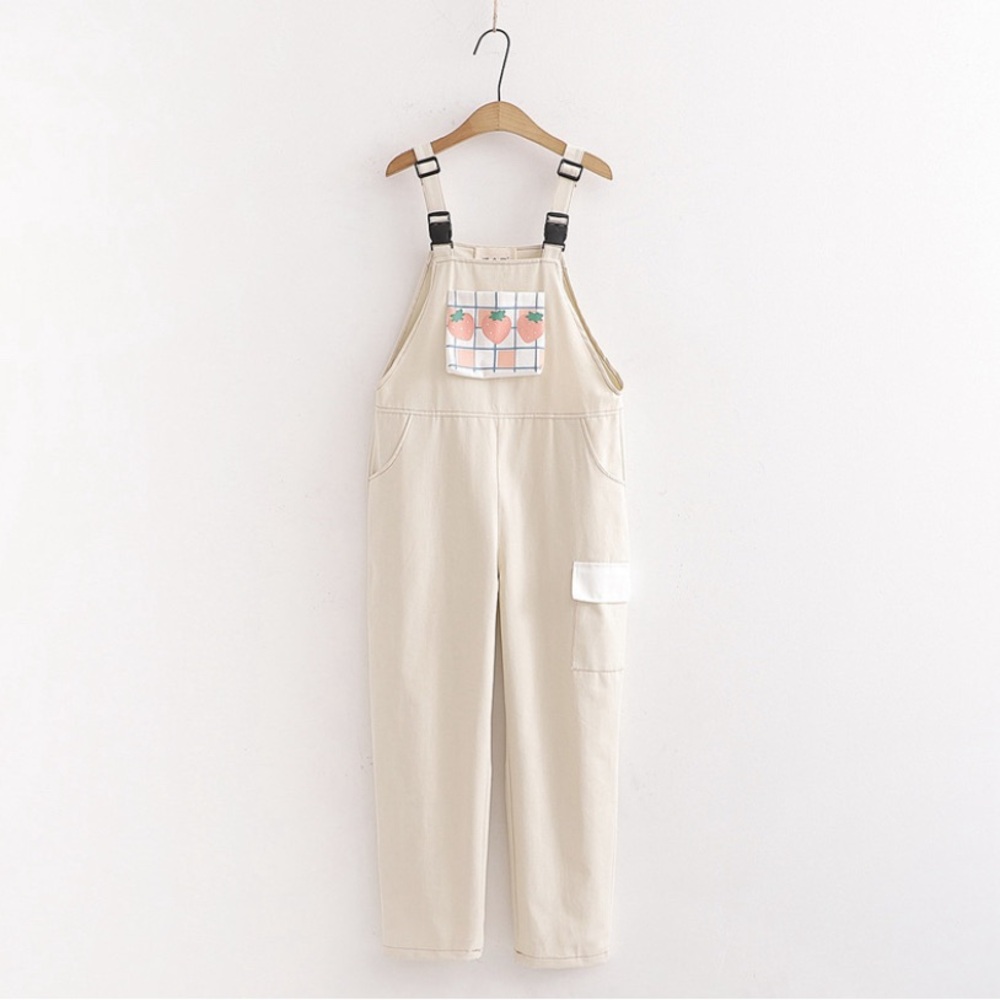 Strawberry Beige Overalls Jumpsuit Kawaii Cottagecore